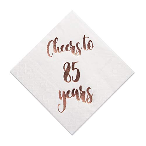 Product Cover Cheers to 85 Years Cocktail Napkins, 50-Pack 3ply White Rose Gold 85th Birthday Dinner Celebration Party Decoration Napkin