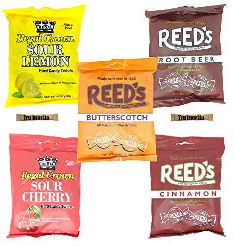 Product Cover Reed's and Regal Crown Sampler Pack - Cinnamon, Butterscotch, Root Beer, Sour Cherry & Lemon (Pack of 5) with Tru Inertia Sugar