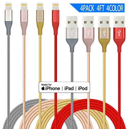 Product Cover IDiSON 4Pack 4Color 4ft Apple MFi Certified iPhone Lightning Cable Braided Nylon Fast Charger Cable Compatible iPhone 11 Pro X XR XS MAX 8 Plus 7 6s 5s 5c Air iPad Mini iPod (Gold Gary Red Pink)