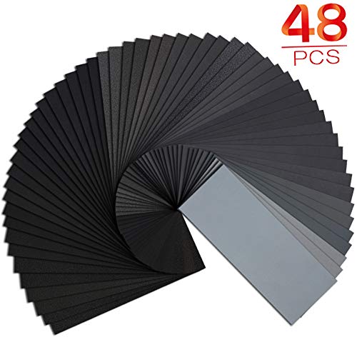 Product Cover Sand paper, Premium Wet Dry Waterproof Sandpaper, 48PCS 120 to 3000 Assorted Grit Sanding Paper for Wood Furniture Finishing, Metal Sanding and Automotive Polishing, 9 x 3.6 Inches.