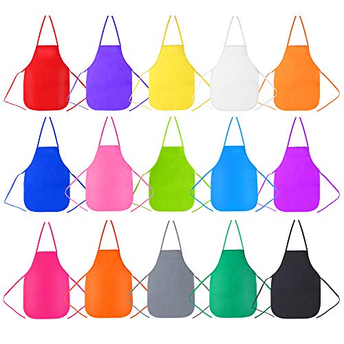 Product Cover Caydo 15 Pieces Middle Size Kids Painting Apron for Ages 5 to 10, in Kitchen, Classroom, Community Event, Crafts and Art Painting Activity, 15 Colors