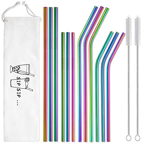 Product Cover Reusable Metal Straws Rainbow Color with Travel Case - Hiware 12-Pack Stainless Steel Drinking Straws for 30oz and 20oz Tumblers Dishwasher Safe, 2 Cleaning Brushes Included
