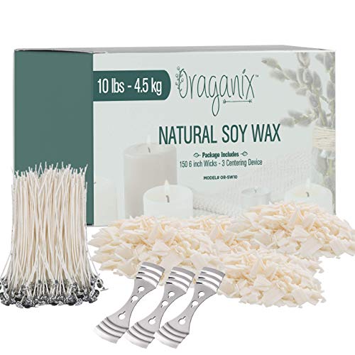 Product Cover Oraganix Natural Soy Wax for DIY Candle Making Supplies-10lb Bag with 150ct 6'' Pre-Waxed Candle Wicks