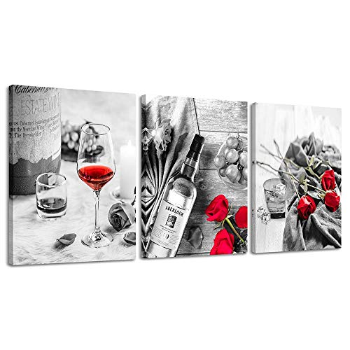 Product Cover Canvas Wall Art Decor Wine Painting Artwork Poster Red Wine In Cups With Ice Rose Black White Canvas Wall Art Print Framed Pictures Red Rose Poster Giclee For Kitchen Bar Home Decorations 3 Piece
