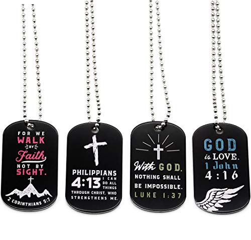 Product Cover Inkstone - 12-Pack Christian Religious Dog Tag Necklaces with Bible Verses - Wholesale Bulk Pack of 1 Dozen Necklaces for Church Gifts, Religious Jewelry Party Favors for Teens Women Men