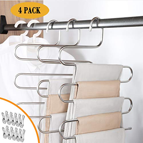 Product Cover IDEALCRAFT Pants Hangers Scarf Hanger 5 Layers Space Saving Stainless Steel Clothes Organizer with 10 Clips, S Shape(4 Pack)