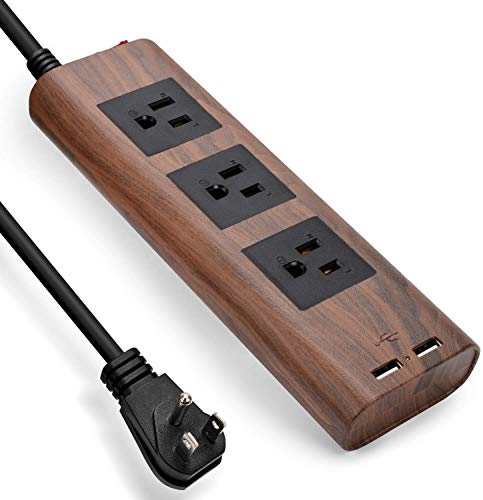 Product Cover Desktop Power Strip with USB - JACKYLED 10ft Flat Plug Extension Cord Vintage Surge Protector 3 Outlets Electrical Power Outlet Extender Fire-Retardant USB Charging Station - Brown Walnut Wood Grain
