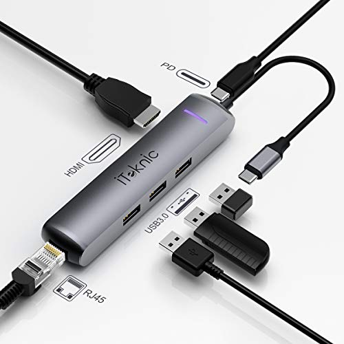 Product Cover iTeknic USB C Hub, 6-in-1 USB C Adapter with 4K USB C to HDMI, Ethernet Port, USB PD Charging Port, 3 USB 3.0 Ports, for MacBook Pro, ChromeBook, XPS, Galaxy and Other USB C Devices