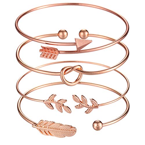 Product Cover Starain 4Pcs Rose Gold Bangle for Women Simple Olive Leaf|Arrow|Feather|Knot Heart Adjustable Cuff Bracelet Set