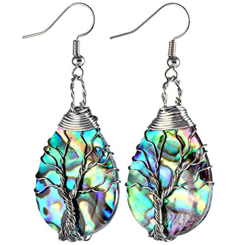 Product Cover SUNYIK Rainbow Abalone Shell Tree of Life Dangle Earrings for Women, Teardrop Silver Plated