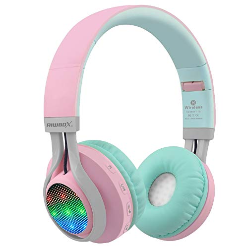 Product Cover Riwbox WT-7S Bluetooth Headphones Light Up, Foldable Stero Wireless Headset with Microphone and Volume Control for PC/Cell Phones/TV/iPad (Pink Green)