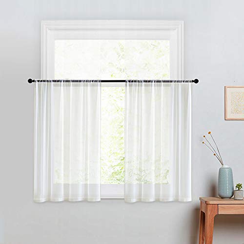 Product Cover MRTREES Kitchen Tier Curtains Sheer 24 inches Long Off White Window Curtain Tiers Bathroom Small Window Voile Cafe Curtains Short Sheers Rod Pocket 2 Panels Basement Half Window Curtains