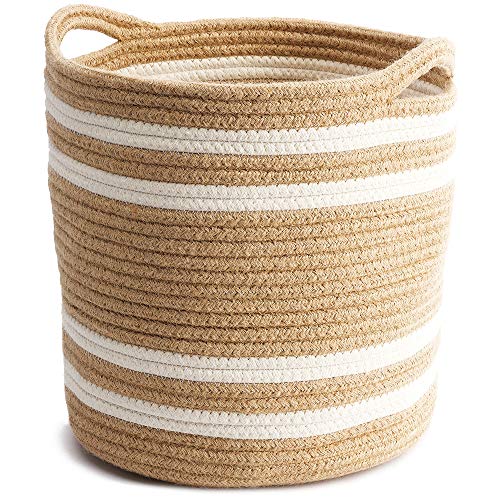 Product Cover HUNIIHOME Jute Cotton Rope Basket with Handles - 11 x 11 Inch Woven Storage Basket & Organizer for Blankets, Toys, Laundry, Baby Nursery, Living Room, Bin