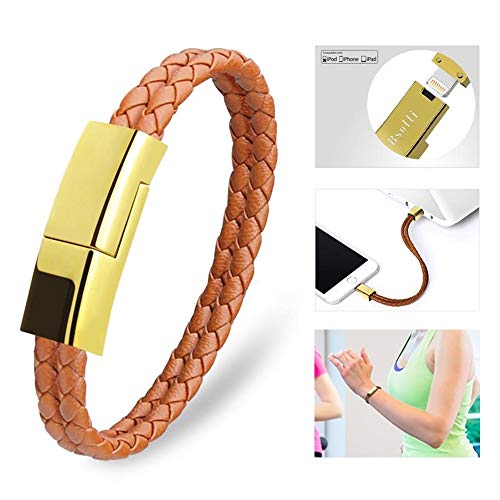 Product Cover Dzzkoye USB Charging Cable Bracelet Portable Leather Charger Cord for iPhone iPad, iPod, Air Pods (Brown L)