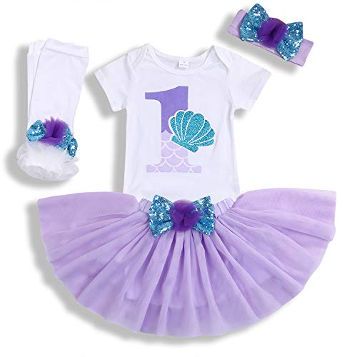 Product Cover Baby Girls 1st Birthday Mermaid Outfit Romper Headband Leggings Tutu Dress Sequin Bowknot Princess Skirt Sets (12-18 Months, White # Mermaid)