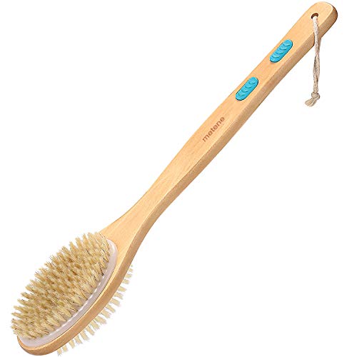 Product Cover Shower Brush with Soft and Stiff Bristles,for Exfoliating Skin and A Soft Scrub,Double-sided Brush Head for Wet or Dry Brushing,Specially Long Wooden Handle Cleans the Body Easily