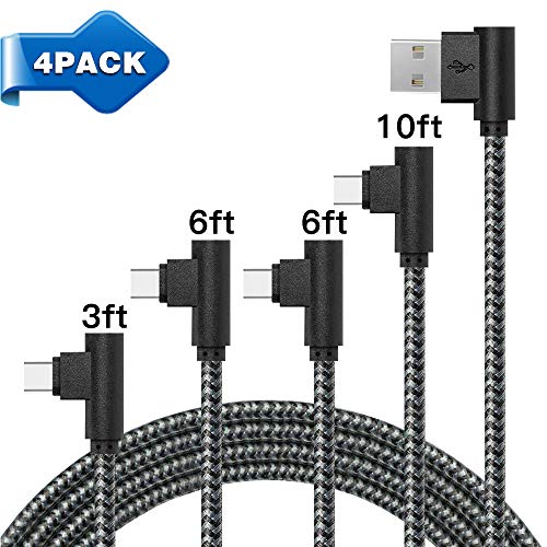 Product Cover [4 Pack] Type C Charger Cable,Right Angle Cable Premium Nylon Fast Charging USB Type C Cable for Samsung Galaxy S10 / S9 / S8 / Note 8, LG V20 / G5 / G6 and More 3FT/6FT/6FT/10FT