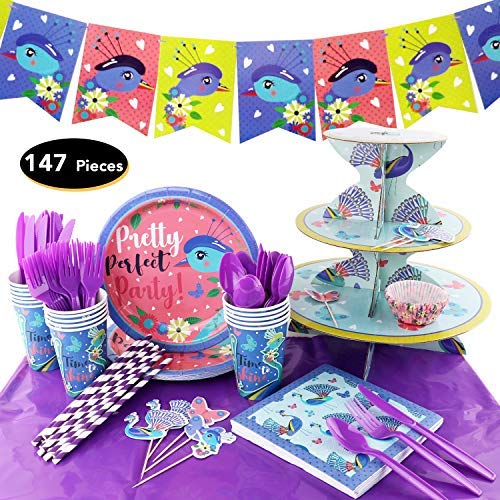 Product Cover 147Piece Peacock Birthday Party Set Supplies Serves 16 For Kids Birthday Theme Party Baby Shower School Party Daily Dinner