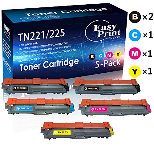 Product Cover Compatible (5-Pack, 2X BK+C+M+Y) TN221 TN225 Toner Cartridge High Capacity Used for Brother HL-3140CW 3142CN 3151CDN 3150CDW 3152CDW 3170CDW 3172CDW 3180CDW Printer, Sold by EasyPrint