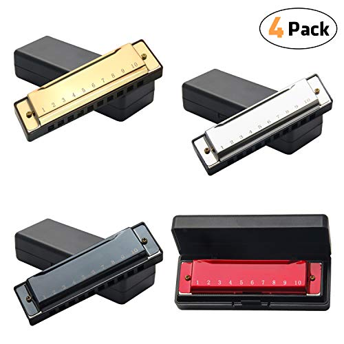 Product Cover UPINS 4PCS Key of C 10 Hole 10 Tones Titanium Color Harmonica with Case for Beginner Students Kids（Gold, Silvery, Black, Red）