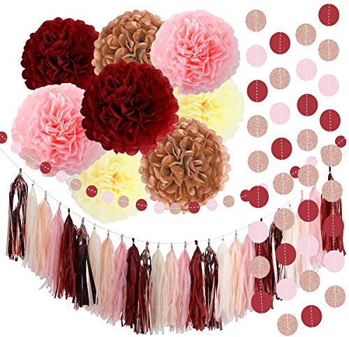 Product Cover Super Party 39 Pcs Bachelorette Party Decorations Burgundy Glitter Rose Gold Blush Pink Ivory Tissue Paper Flowers Tassel Garland Wedding Bridal Shower Maroon Party Decorations