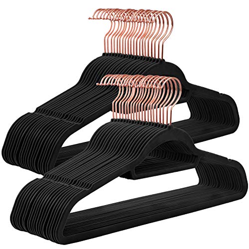 Product Cover SONGMICS Velvet Hangers, 50 Pack, Non-Slip Clothes Hanger with Rose Gold Color Swivel Hook, 0.2 Inch Thick and Space Saving, 17.7 Inches Wide for Coat, Shirt, Dress, Trousers, Ties, Black UCRF21BK50