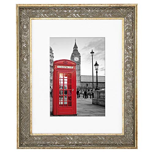 Product Cover ONE WALL Tempered Glass 8x10 Inch Ornate Picture Frame with Mat for 5x7 Photo, Gold Wood Frame with Carved Pattern for Wall and Tabletop - Mounting Hardware Included
