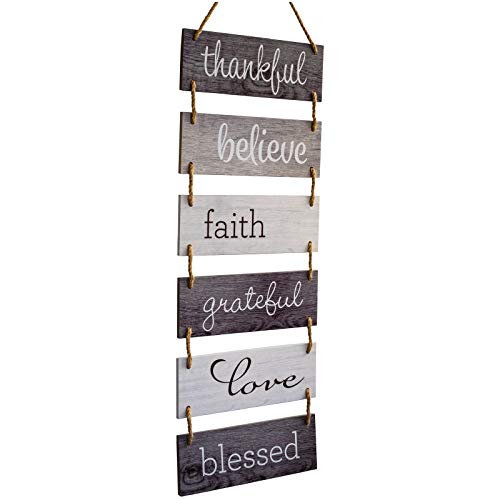 Product Cover Excello Global Products Large Hanging Wall Sign: Rustic Wooden Decor (Grateful, Love, Believe, Thankful, Faith, Blessed) Hanging Wood Wall Decoration (11.75