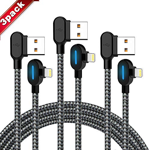 Product Cover Right Angle iPhone Charger Cable 3 Pack (6/6/ 6FT) Fast Charging Cord 90 Degree Nylon Braided Data Cable with Blue LED for iPhone X/Max/ 8/ 8plus and Other Models (Black Gray, 6FT)