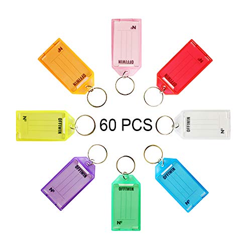 Product Cover OFFIWIN 60 PCS Plastic Key Tags Keys Identifier ID Labels with Split Ring Label Window, Assorted Colors