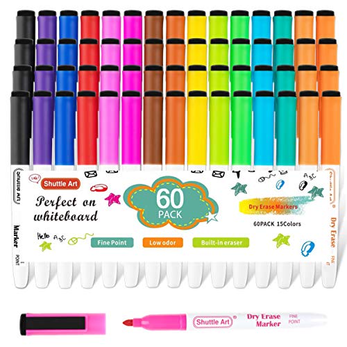 Product Cover Dry Erase Markers,60 Pack Shuttle Art 15 Colors Magnetic Whiteboard Markers with Erase,Fine Point Dry Erase Markers Perfect For Writing on Whiteboards, Dry-Erase Boards,Mirrors for School Office Home