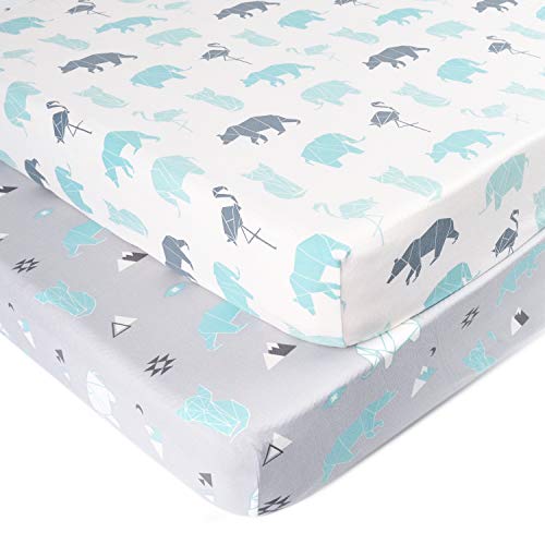 Product Cover BORITAR Crib Sheets Soft Stretchy Jersey Knit 2 Pack, Semi-Waterproof Portable Mattress Covers for Boys with Blue Animal Printed, Grey and White