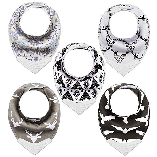 Product Cover Bandana Bibs with Teething Corner, Teething Bib by Giftty, BPA-Free Silicone Teether and Adjustable Snap for Baby Boys, (Black Forest, 5-Pack)