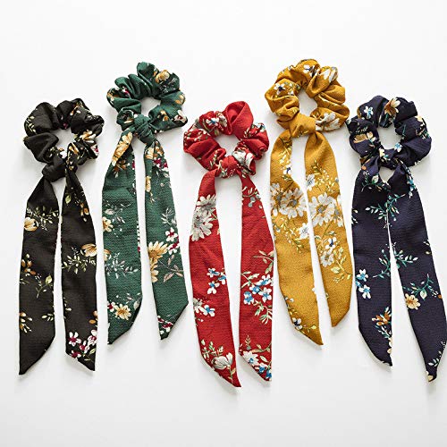 Product Cover Beauty Wig World 5Pcs Floral Print Scarf Scrunchie Silk Satin Hair Scarves Elastic Hair Bands Bohemian Style Ponytail Holder Ties Vintage Hair Accessories for Women Girls (Style5)