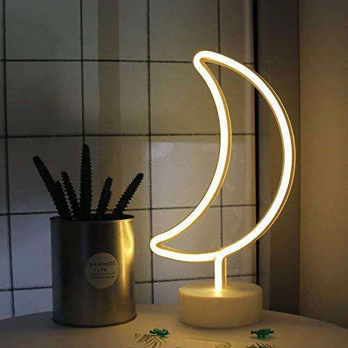 Product Cover ENUOLI Warm White Moon Shape Led Neon Night Light with Holder Base Marquee Sign Lamp Power by Battery&USB Marquee Sign for Home Party Birthday Bedroom Bedside Table Decoration Children Gifts