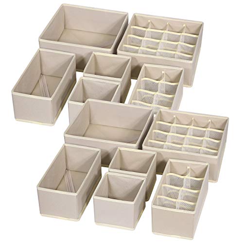 Product Cover TENABORT 12 Pack Foldable Drawer Organizer Dividers Cloth Storage Box Closet Dresser Organizer Cube Fabric Containers Basket Bins for Underwear Bras Socks Panties Lingeries Nursery Baby Clothes Beige
