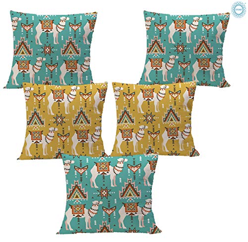 Product Cover STITCHNEST Indian Ethnic Camel Digital Print Cushion Cover (Teal and Yellow; 16 x 16 Inches) -Set of 5