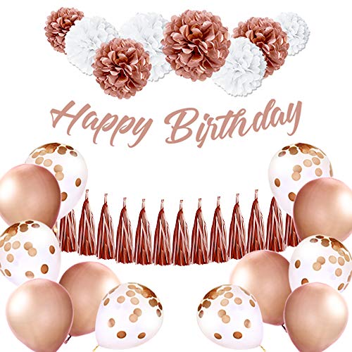 Product Cover EpiqueOne Rose Gold Birthday Decoration Set: Happy Birthday Banner, Tassel Garland, Latex Balloons, Confetti Balloons, Tissue Paper Pom
