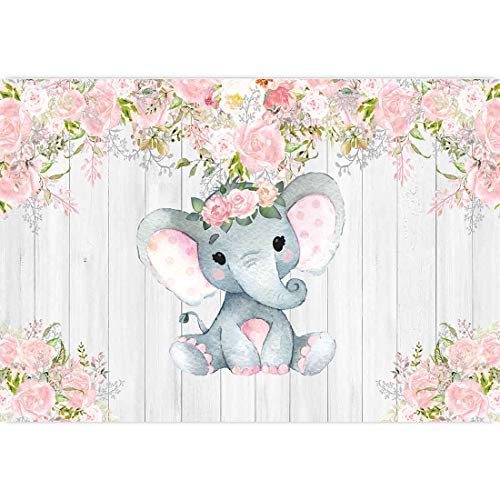 Product Cover Allenjoy 7x5ft Rustic Floral Elephant Backdrop for Baby Shower Party Pink Flower Wood It's a Girl Banner Birthday Photography Background Cake Table Decoration Photo Booth Studio Props Favors Supplies