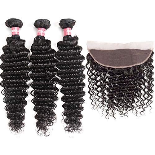 Product Cover WENYU Brazilian Virgin Deep Wave Human Hair 3 Bundles with Frontal Lace Closure 13x 4 Ear to Ear Lace Frontal with Bundles Deep Curly Weave (Deep 10 12 14+10 Frontal, Deep Wave Bundles with Frontal)