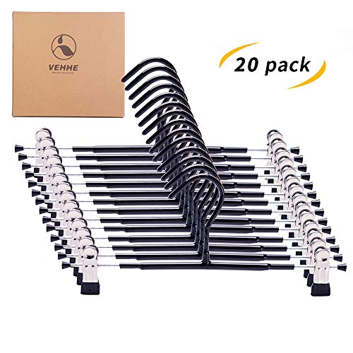 Product Cover VEHHE Pants Hangers Skirt Hangers with Adjustable Clips 20 Pack Clothes Hangers Slack Trouser Jeans Clamp Hangers Non Slip Rubber Coating Space Saving for Clothes Shoes Slacks Ties Hats Kids (Black)