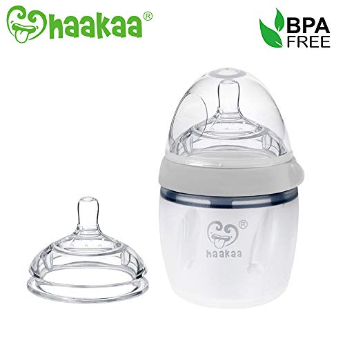 Product Cover Haakaa Silicone Baby Bottle 5 oz with M Nipple Set for Infant Newborn, Grey (5oz + M)