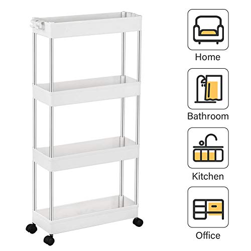 Product Cover SPACEKEEPER 4 Tier Slim Storage Cart Mobile Shelving Unit Organizer Slide Out Storage Rolling Utility Cart Tower Rack for Kitchen Bathroom Laundry Narrow Places, Plastic & Stainless Steel, White