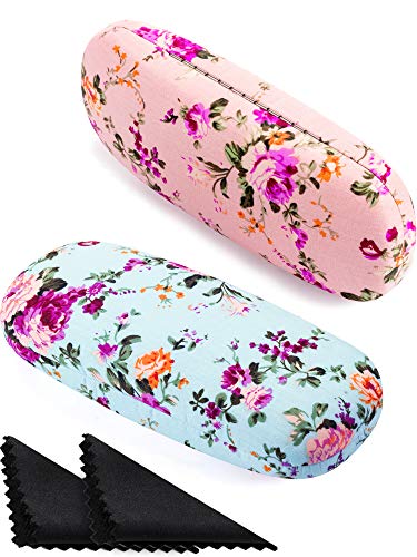 Product Cover 2 Pieces Spectacle Case Box Portable Hard Eyeglass Case Fabrics Floral Eyeglass Case Spectacles Box Case for Eyeglasses (Pink, Blue)