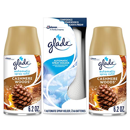Product Cover Glade Automatic Spray Holder Starter Kit, Air Freshener Spray and Refills, Cashmere Woods, 1 Holder + 2 Refills, Battery-Operated Holder for Automatic Spray Refill, 2 6.2 oz Refills