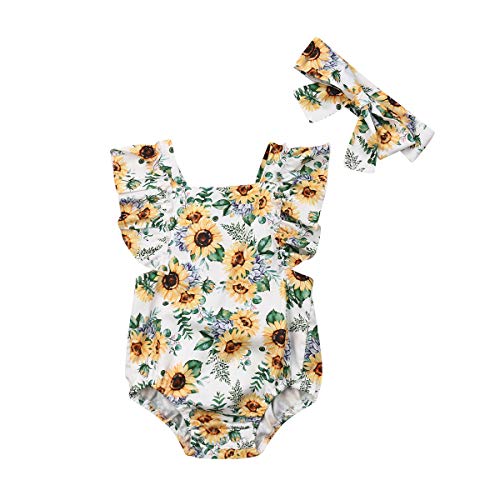 Product Cover Newborn Baby Girl Sunflower Clothes Ruffle Sleeve Romper Bodysuit Spliced Jumpsuit Overalls Outfits with Headband Set (Sunflowers, 0-6 Months)