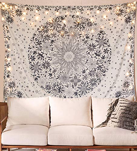 Product Cover Neasow Bohemian Tapestry Wall Hanging, Beige White Floral Tapestry with Dotted Daisy Medallion Print Bedroom Boho Hippie Home Decor, 60×80 inches