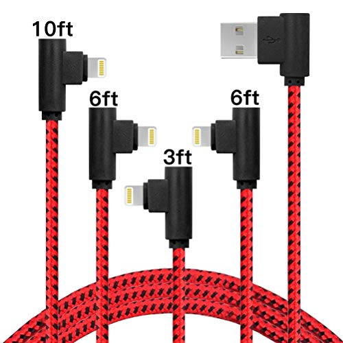 Product Cover Right Angle Design iPhone Charger 4 Pack(3/6/ 6/10FT) 90 Degree Data Cable Nylon Braided Compatible with iPhone Xs/XS Max/XR/X / 8/8 Plus / 7/7 Plus/iPad and More (Black Red)