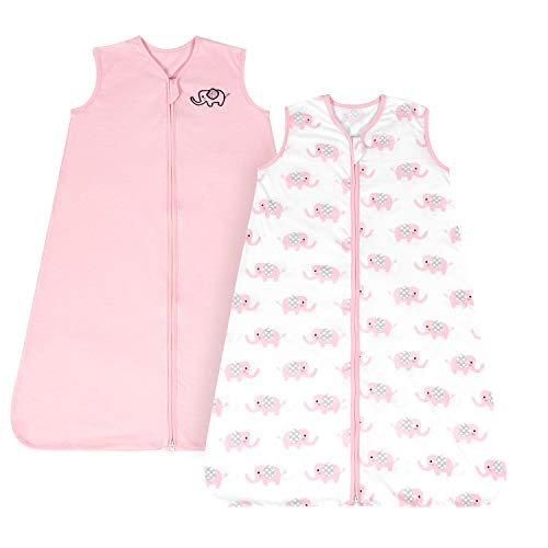 Product Cover TILLYOU Large L Breathable Cotton Baby Wearable Blanket with 2-Way Zipper, Super Soft Lightweight 2-Pack Sleeveless Sleep Bag Sack for Girls, Fits Infants Newborns Age 12-18 Months, Pink Elephant