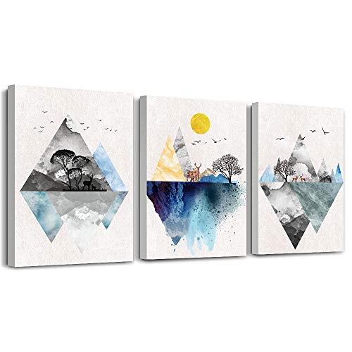 Product Cover Wall Art for Living Room Canvas Prints Artwork Bathroom Wall Decor Abstract Mountain Geometric Picture Watercolor Painting 3 Pieces Framed Bedroom Wall Decorations Fashion Office Home Decoration